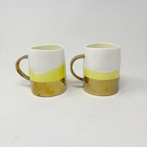 ANTHROPOLOGIE Set Of 2 Mugs Gold Yellow White Coffee Tea Cups 12 Ounces